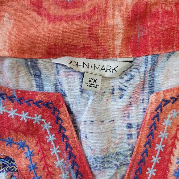 John Mark Shirt Womens 2X Multicolor Geometric Boho 3/4 Sleeve Embroidered Top - Picture 4 of 8